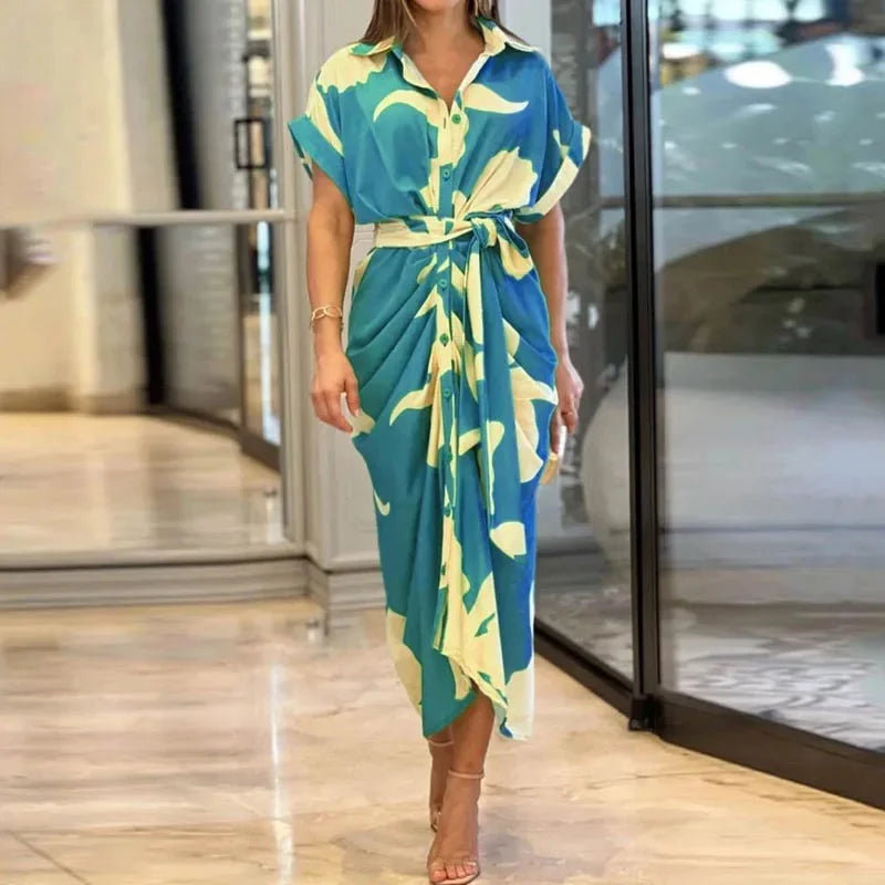 Robe femme midi imprimée ceinturée col chemise manches courtes élégante chic