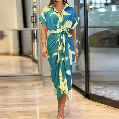 Robe femme midi imprimée ceinturée col chemise manches courtes élégante chic