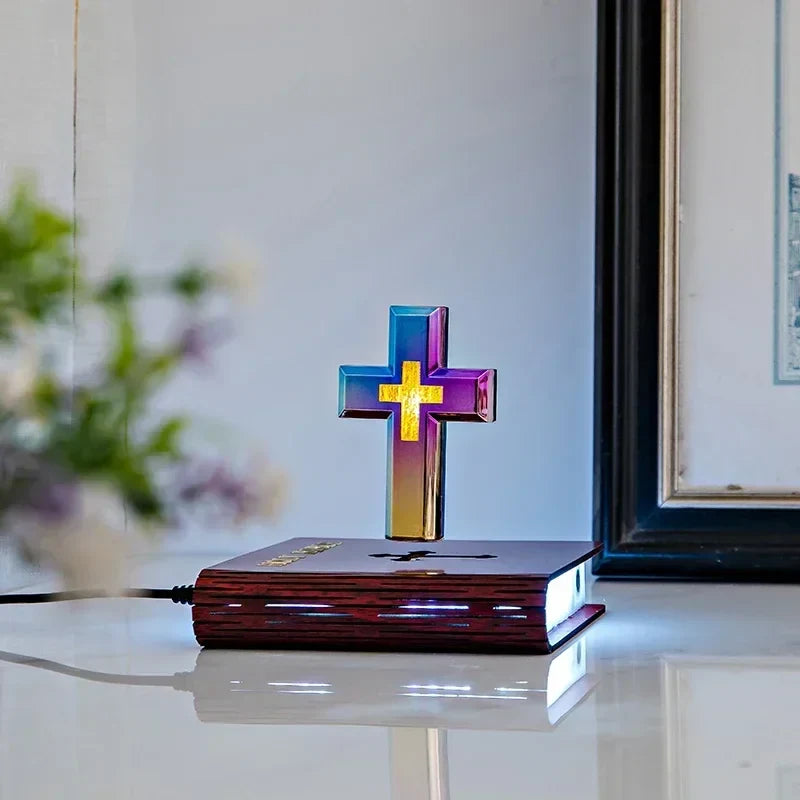 Handcrafted Heavenly Decor Levitating Cross & Divinely Illuminated Bible