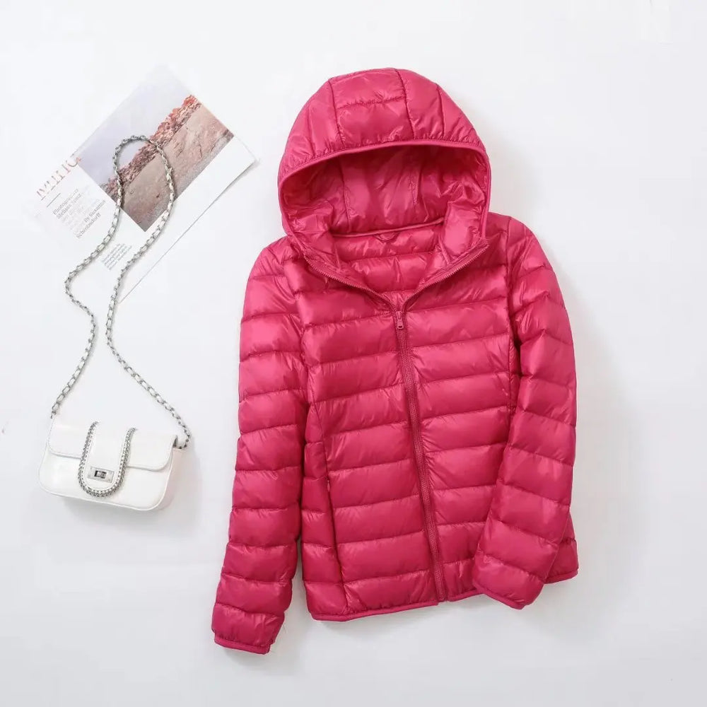 MEELANO Lang Dunjakke til Kvinder - Med aftagelig hætte Mørk pink