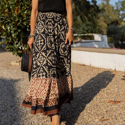 Women's Boho Maxi Skirt High Waist Floral Print Ruffle