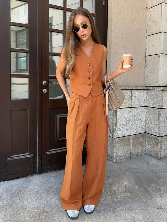 Kobieta | Elegancki Zestaw Lniany | Top Bez Rękawów | Dopasowane Spodnie | Stylowy Komplet