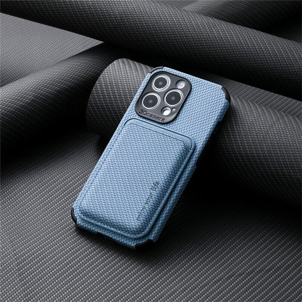 Blaue Handyhülle mit Kartenfach, Textilmaterial, für iPhone, stilvoll und schützend.