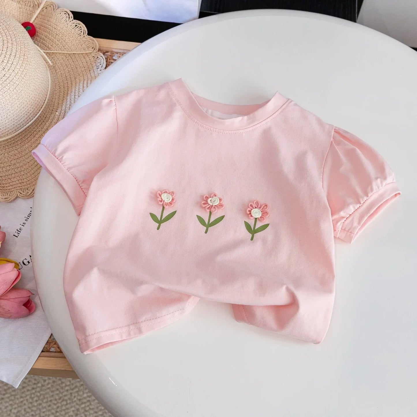 Solo Leveling Girls Short-sleeved Summer Cotton Cute Baby Girl Stylish Three-dimensional Flower Children's T-shirt Clothes