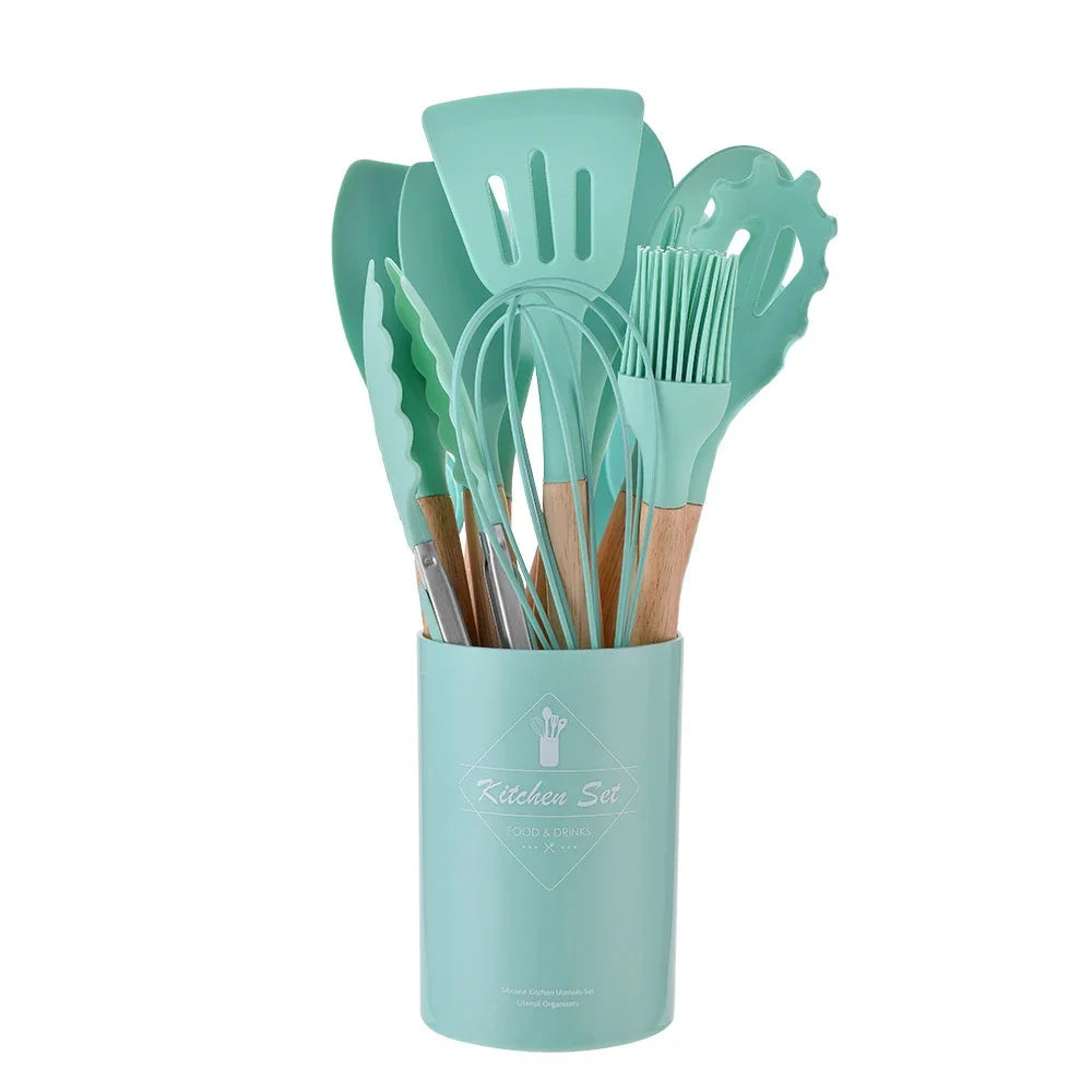 ChefEase – 12-Piece Silicone Kitchen Utensil Set with Wooden Handles