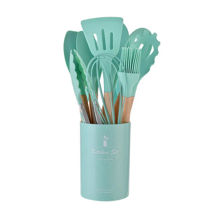 ChefEase – 12-Piece Silicone Kitchen Utensil Set with Wooden Handles