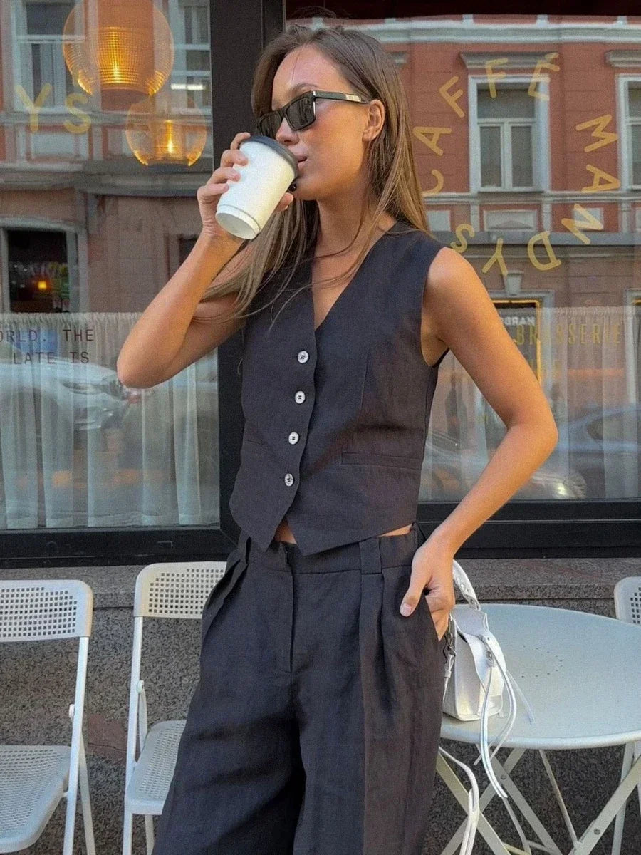 Kobieta | Elegancki Zestaw Lniany | Top Bez Rękawów | Dopasowane Spodnie | Stylowy Komplet