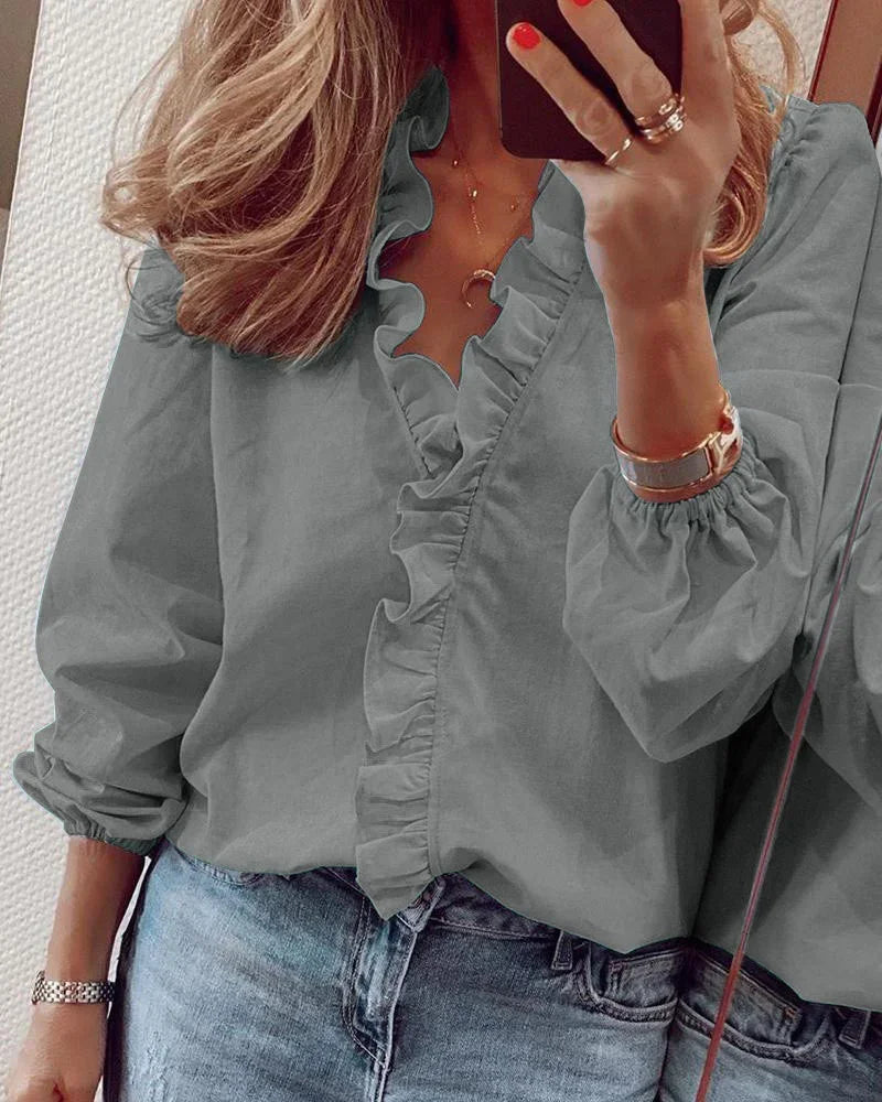 Women Elegant Ruffle Trim Wrap Blouse