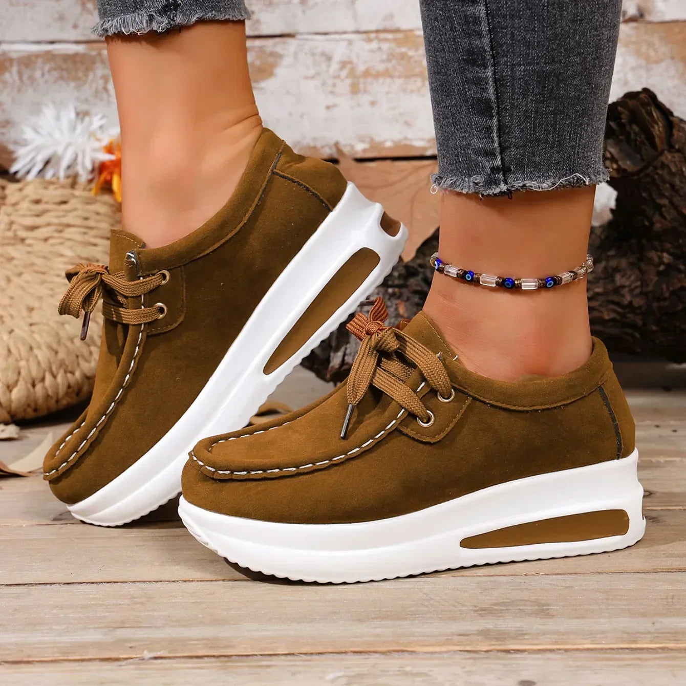Women's Leather Platform Trainers Wedge Sneakers