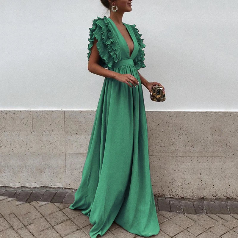 Damen Kleid elegant – V-Ausschnitt mit gerafften Ärmeln für Abend