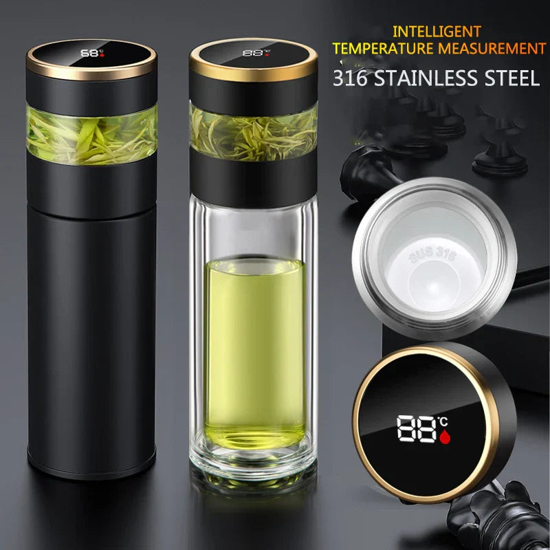 ThermoBrew | Isolerende fles met LED-temperatuurindicator & theefilter | 450 ml | Roestvrij staal 304 | Zwart