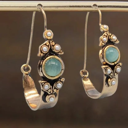 Orecchini a cerchio vintage con perla cabochon menta