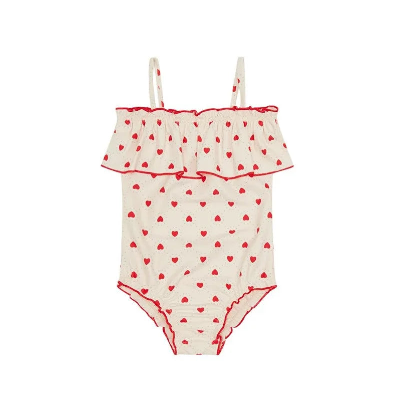 2025 New Girls Swimsuit Heart Printed Ruffle Bikinis Set Children Swimming Suit maillot de bain enfant fille Banadores