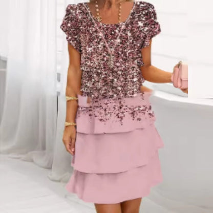 Robe femme fleurie à volants fluide col rond manches courtes été élégante
