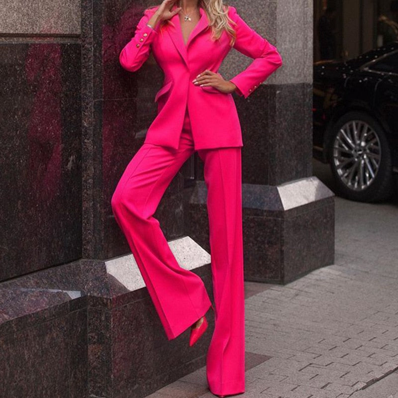 Women’s Tailored Suit Set Blazer Wide Leg Trousers Elegant Fit