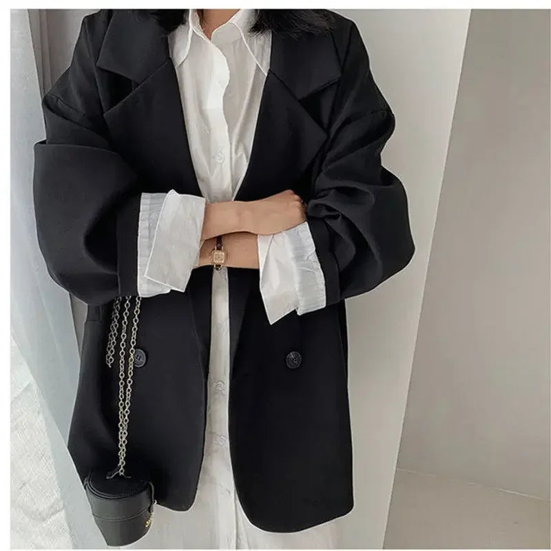 Vintage Blazer for Dame – Løs Dobbelspent Dressjakke med Lange Ermer | Elegant & Trendy Høststil 2025