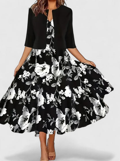 Women's Floral Midi Dress 3/4 Sleeve A-Line Occasion Dress