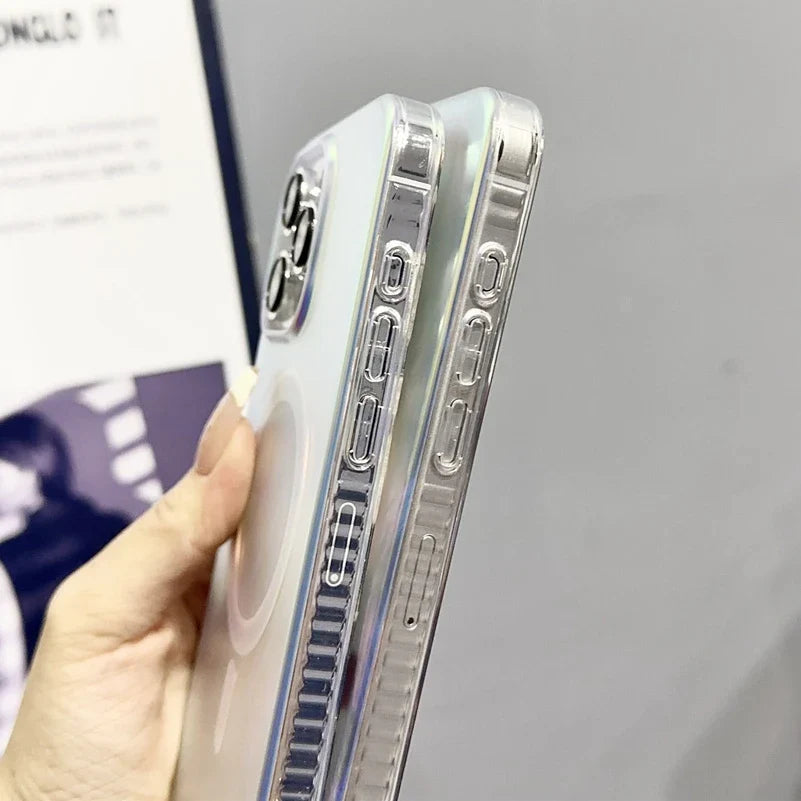 Luxury Feather Laser Aurora Magsafe Case for iPhone 15 16 14 11 12 13 Pro Max Acrylic Armor PC Shockproof Cover for iPhone 15Pro