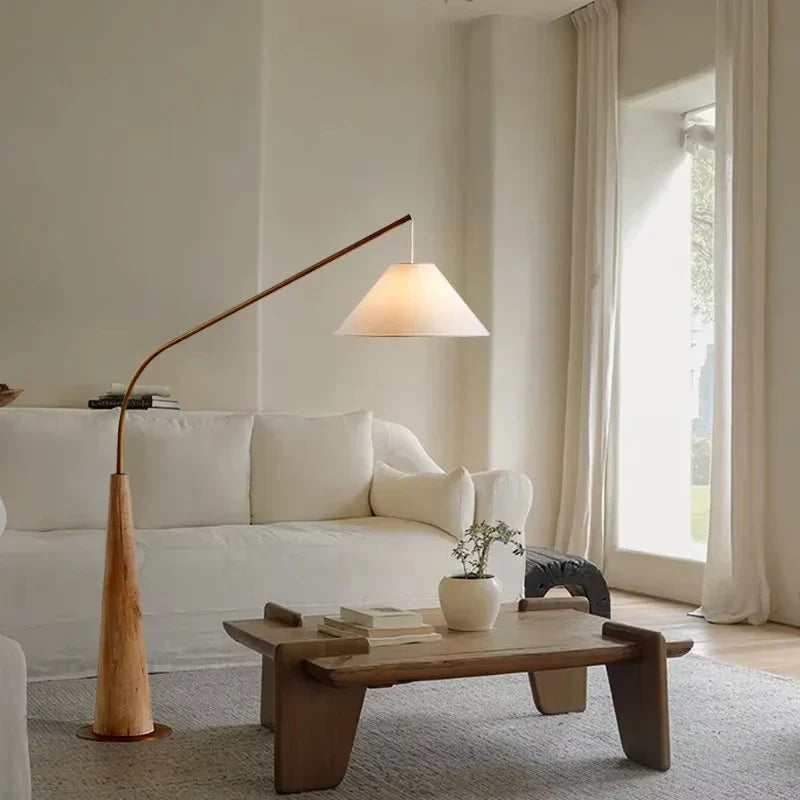 LumiArc – Luxe Houten Boogvloerlamp met Stoffen Kap