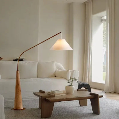 LumiArc – Luxe Houten Boogvloerlamp met Stoffen Kap