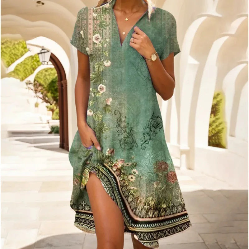 Robe d'été verte à motifs floraux, manches courtes, col en V, portée par une femme dans un couloir lumineux. Mode féminine, style décontracté.