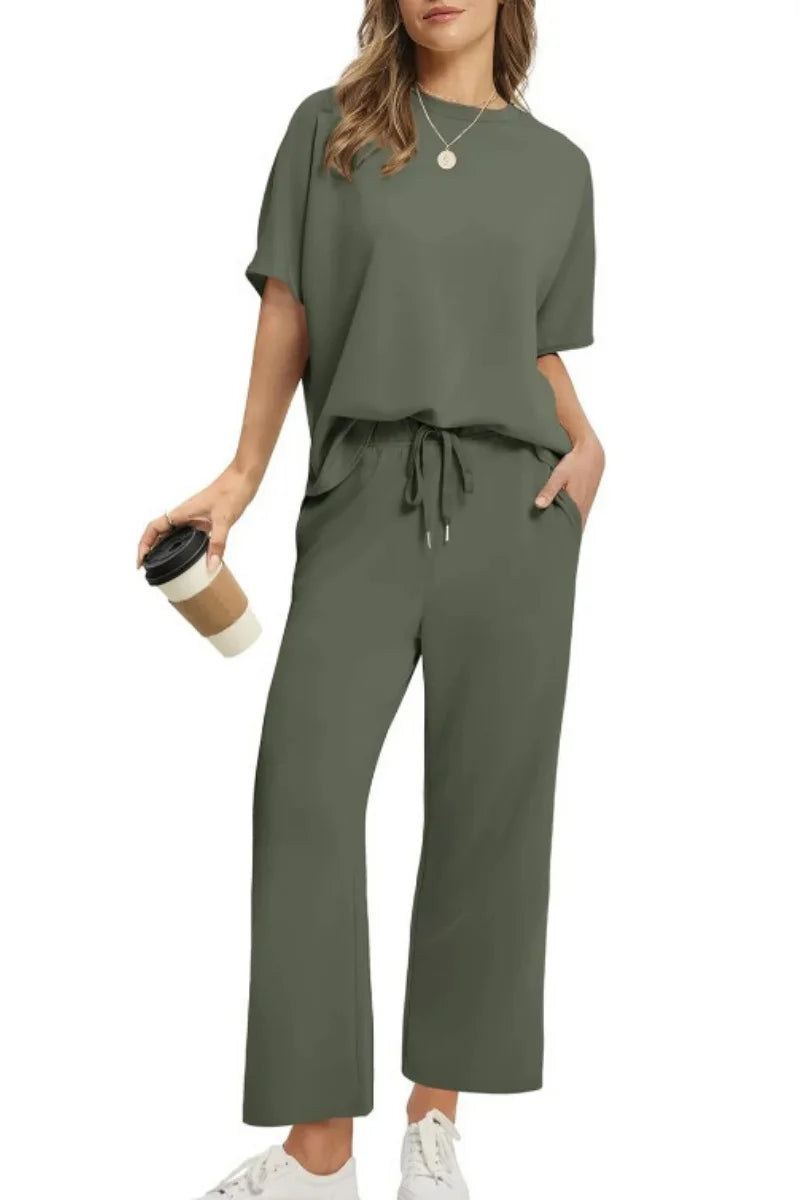 Damespak met korte mouwen, casual zeven-achths-broek, broek met wijde pijpen, 2025, nieuwe zomer dames