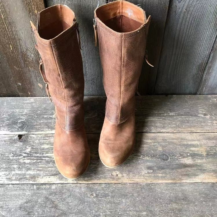 Women's Brown Mid Calf Zip-up Ankle Boots