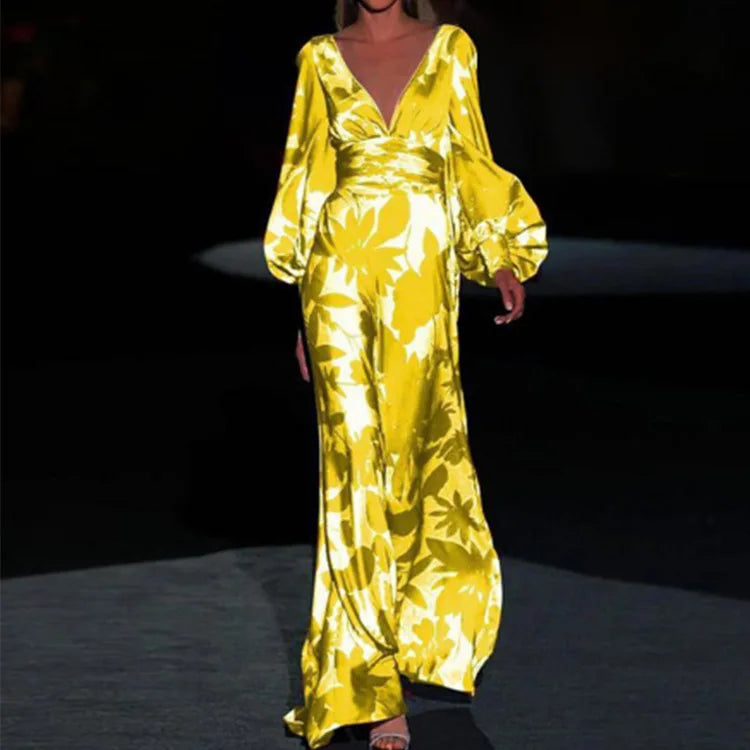 Women's Floral Satin Maxi Dress V-Neck Puff Sleeve Formal