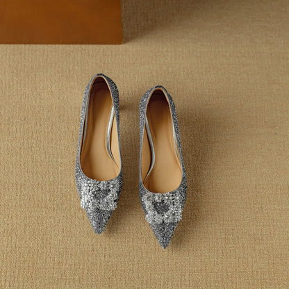 Stella | Women's Glitter Block Heel Pumps Pointed Toe Crystal Buckle