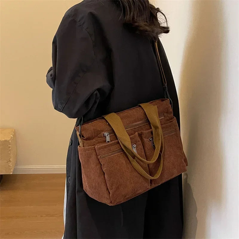 Casual Corduroy Messenger Bags Large Capacity Commuter Mummy Portable Shoulder Bag Multi Layers Camping Tote Bags