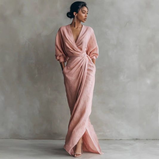 Lola | V-Neck Waist Draped Long Sleeve Dress