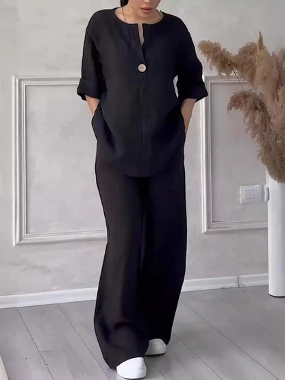 Luftiges & Stylisches Sommer-Set mit Bluse & Weithose aus Leinen – Melina
