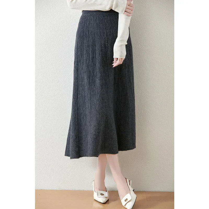 Jupe midi trapèze en laine mérinos – Tricot doux, chaud et élégant