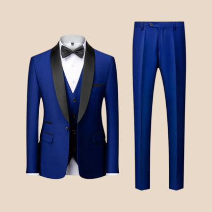 Arthur - 3 Piece Slim Fit Suit Set with Blazer Pants and Vest | Button Closure and Pockets | Sizes XS–3XL | Blue, Red, Grey, Black, Black and Red