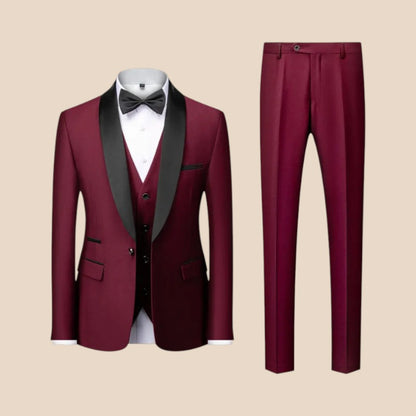 Arthur - 3 Piece Slim Fit Suit Set with Blazer Pants and Vest | Button Closure and Pockets | Sizes XS–3XL | Blue, Red, Grey, Black, Black and Red