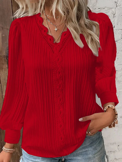 Women’s Elegant V-Neck Blouse – Structured Fabric Long Sleeve Lace Trim Detail