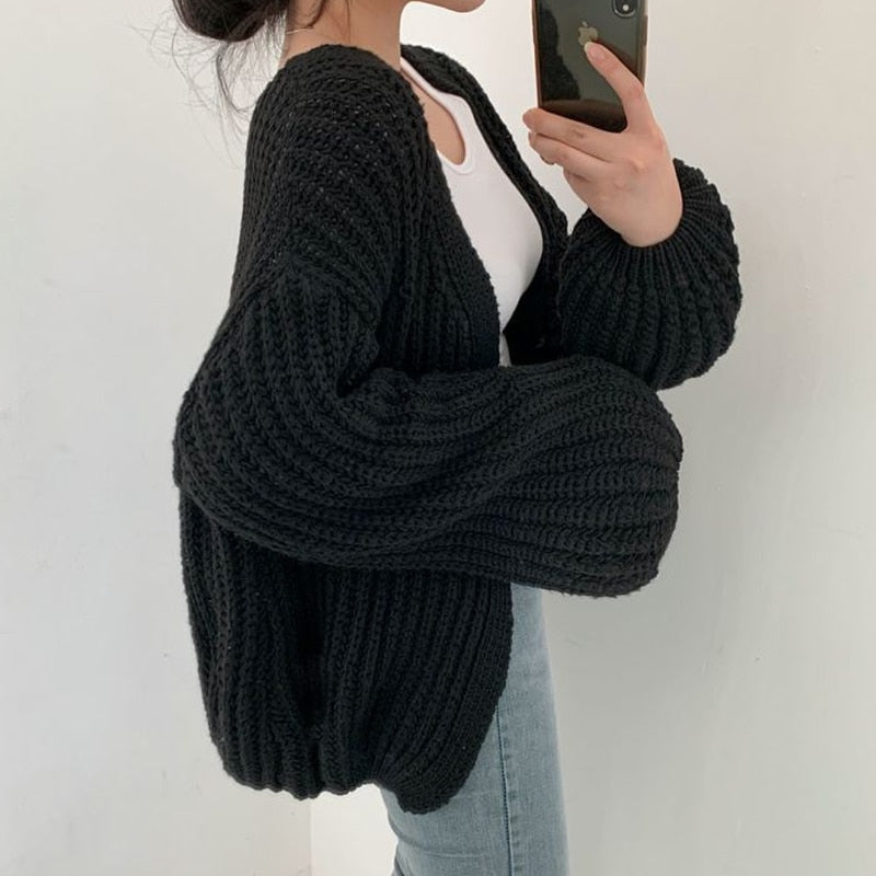 Women's Knit cardigan with Balloon Sleeve and Open Front