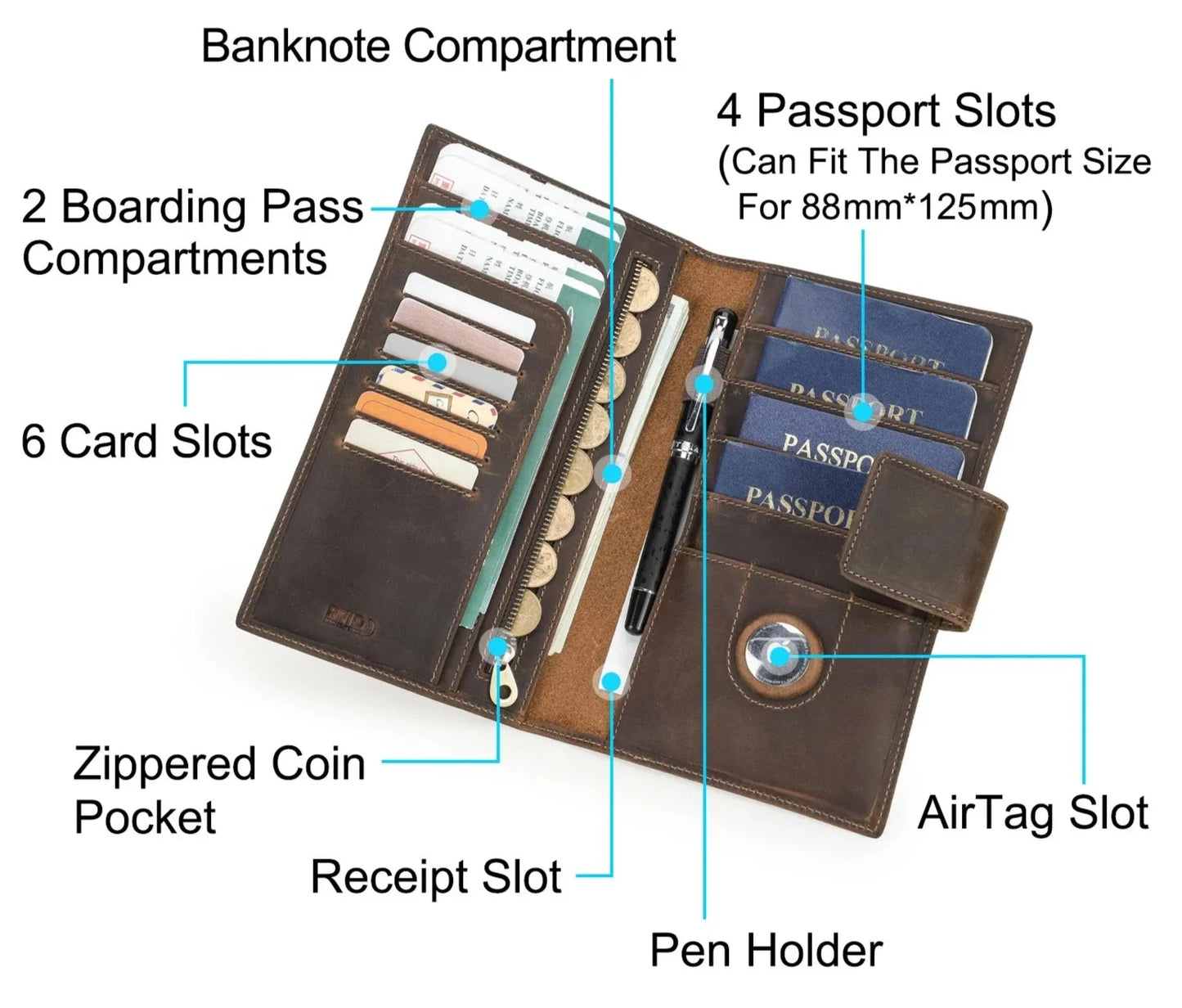 Larson Wallet: Made with Hand-Stitched Genuine Italian Leather - 1 or 4 Passport Slots, RFID Blocking,  1 AirTag Slot–Travel with Confidence