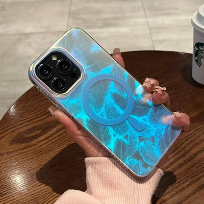 Luxury Feather Laser Aurora Magsafe Case for iPhone 15 16 14 11 12 13 Pro Max Acrylic Armor PC Shockproof Cover for iPhone 15Pro