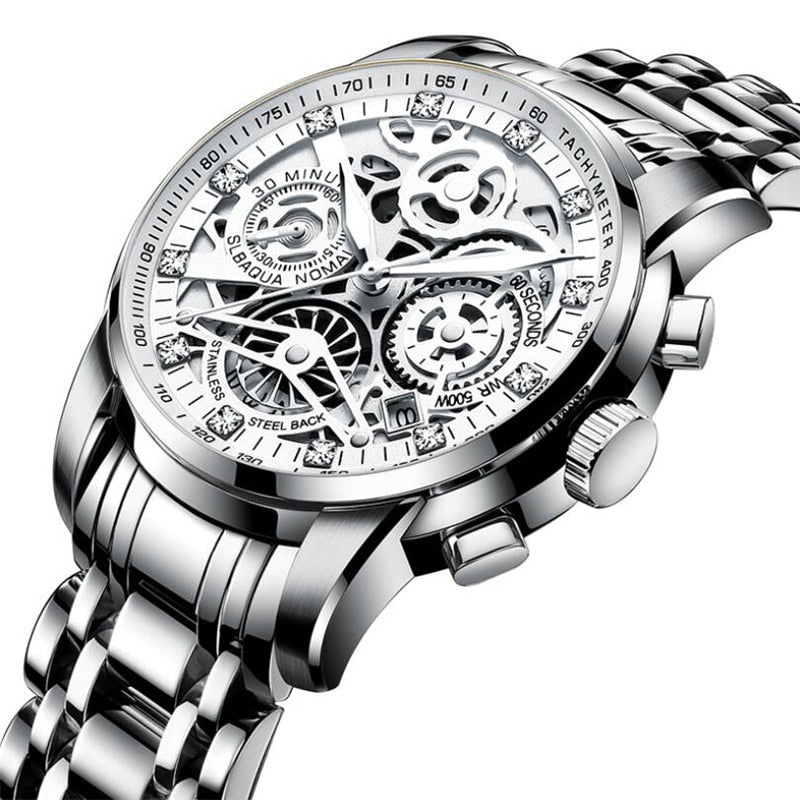 Luxus Herrenarmbanduhr, silber, Edelstahl, Skelettzifferblatt, Chronograph, wasserdicht.