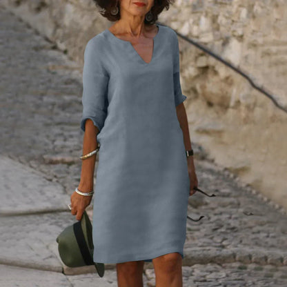 Bérénice – Robe midi à col en V et manches trois-quarts femme