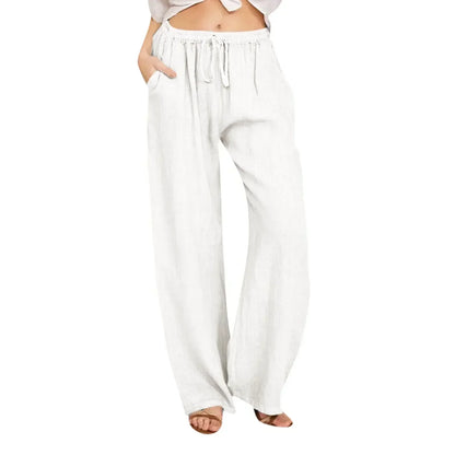 Women's Linen Wide Leg Trousers Elastic Waist Drawstring High Waisted Pants