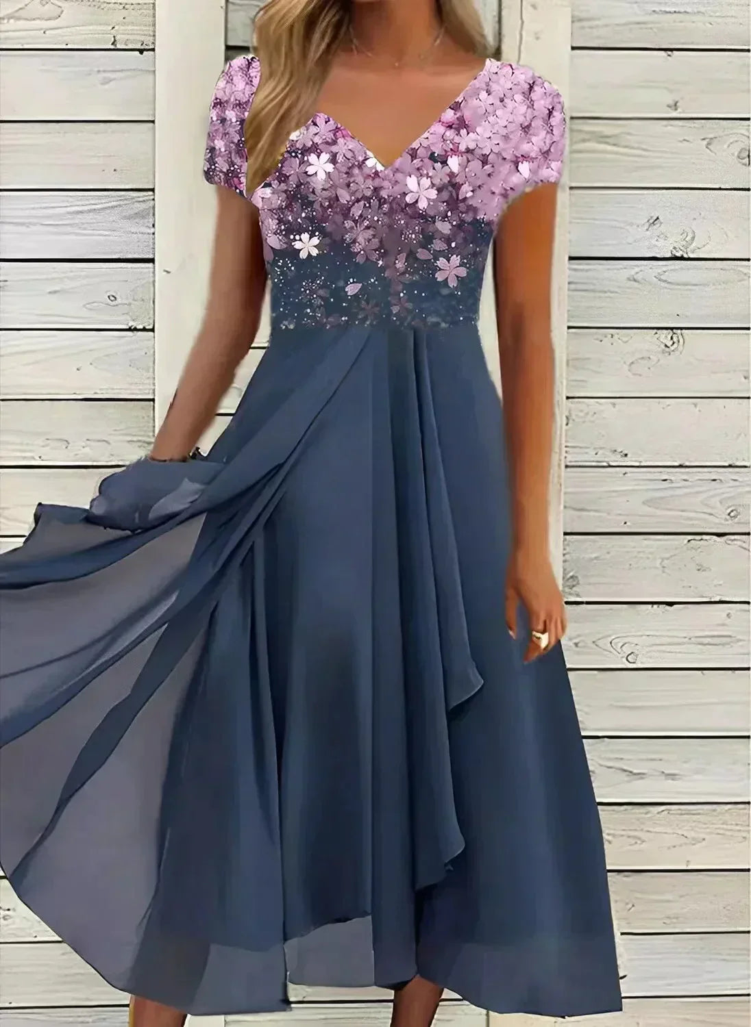 Elena | Floral Gradient V-Neck Chiffon Midi Dress