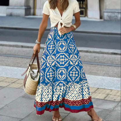 Women's Boho Maxi Skirt High Waist Floral Print Ruffle