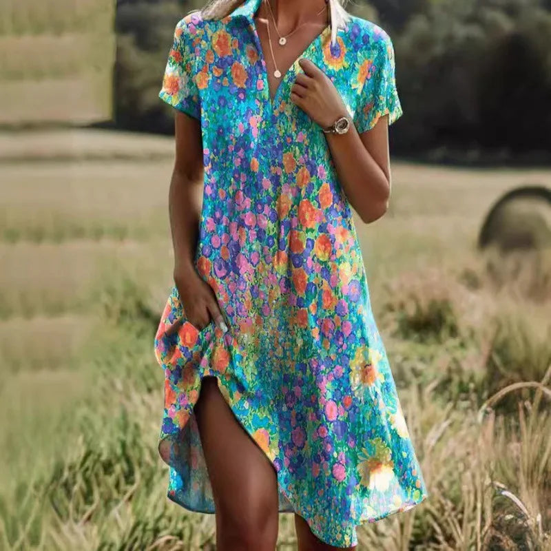Robe d'été fleurie colorée pour femme, manches courtes, col en V, fond champêtre. Mode estivale, tenue décontractée, style bohème chic.