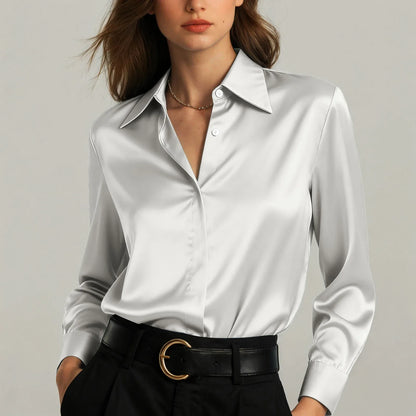 Ariadne - Damen Satin Seiden Bluse Button Down Office Top