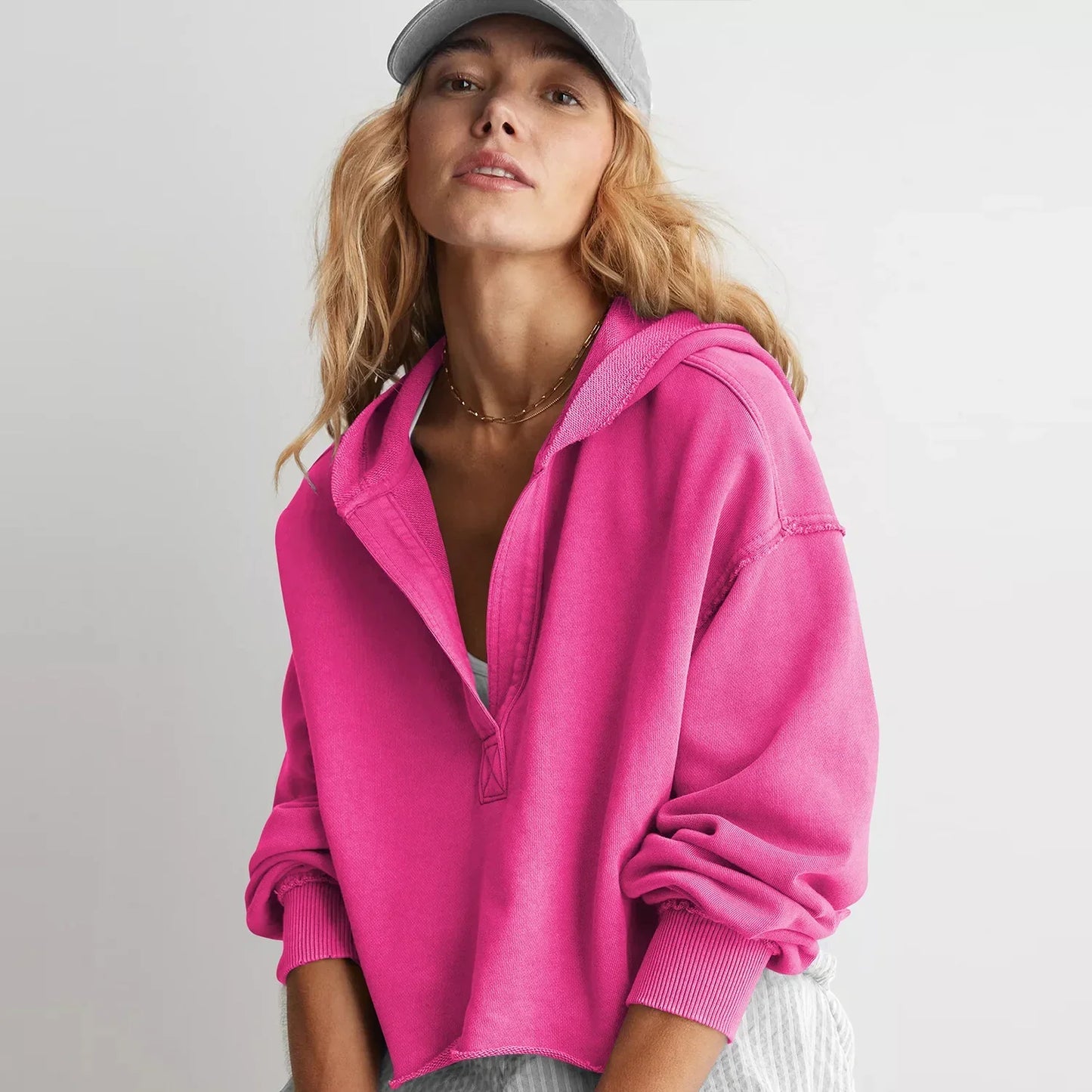 Women’s Stylish Comfort V-Neck Hoodie – Long-Sleeved Loose-Fit Crop Sweater