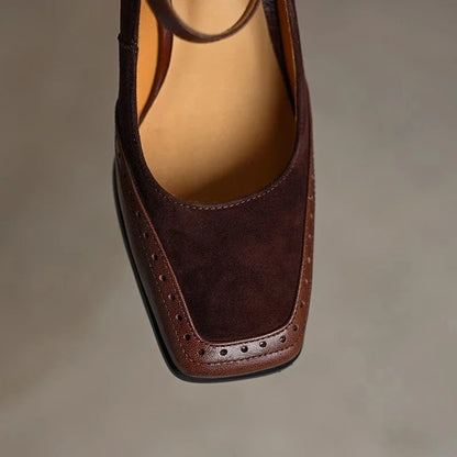 Women's Square Toe Block Heel Pumps Ankle Strap Brogue