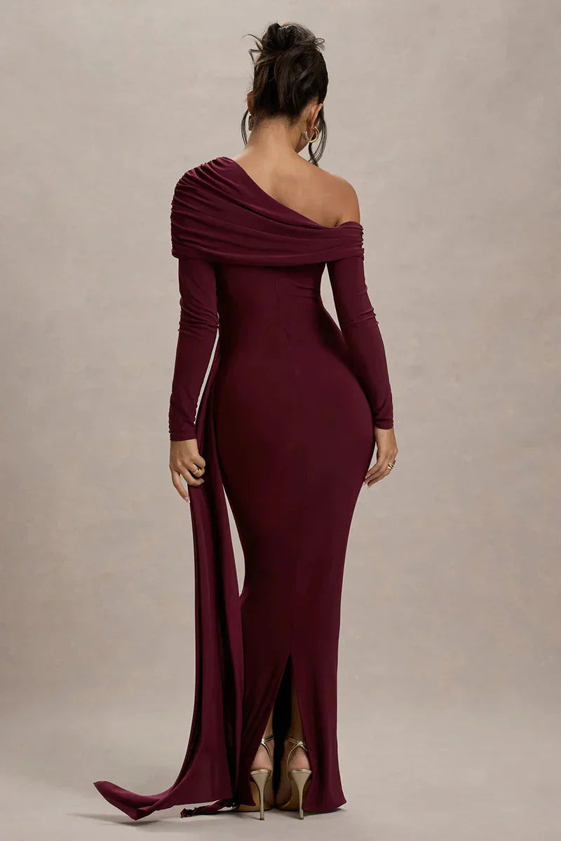 Evangeline Off-Shoulder Ruched Evening Gown
