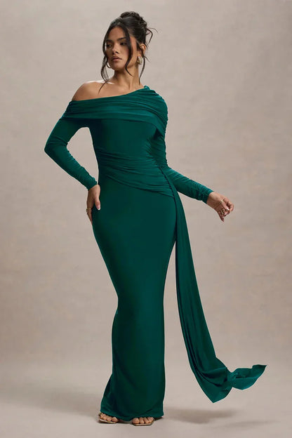 Evangeline Off-Shoulder Ruched Evening Gown